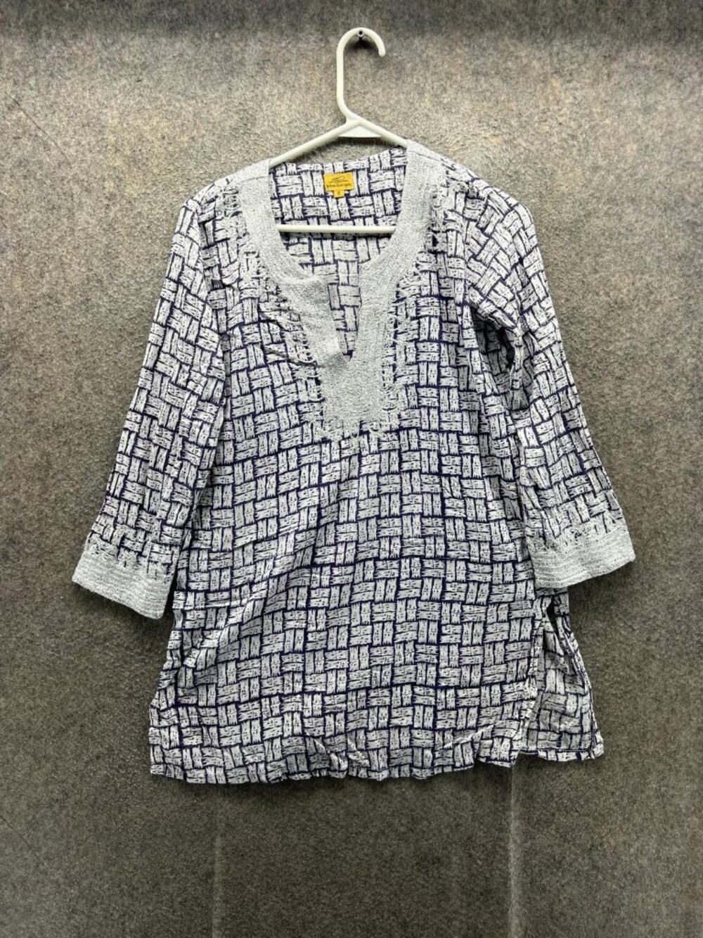 Roberta Roller Rabbit Blouse Women Small Blue Geometric 3/4 Sleeve Crochet Tunic
